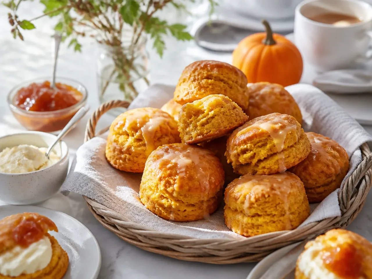 Pumpkin scones served on a cake stand alongside coffee and a small jug of glaze.