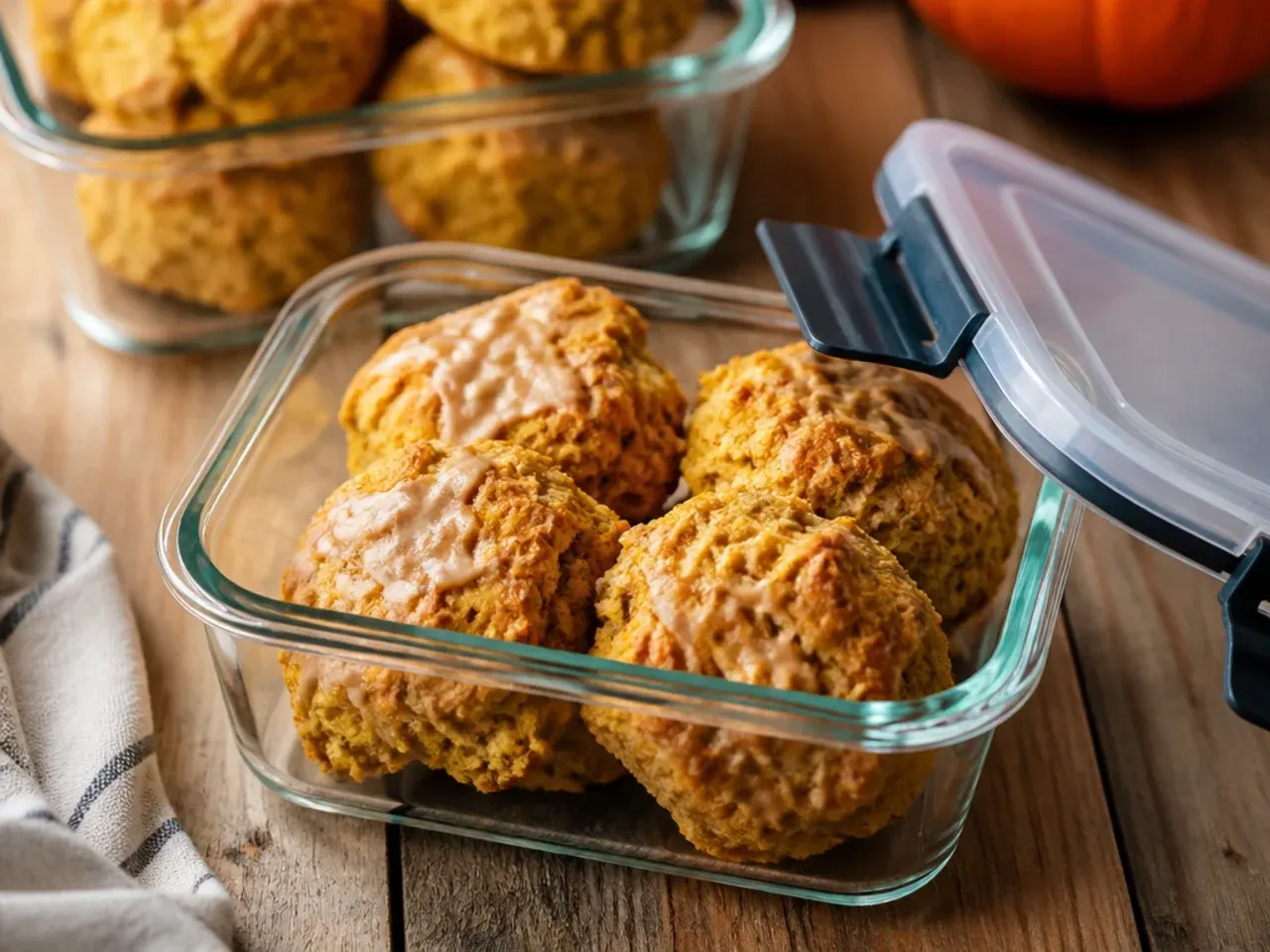 Pumpkin scones stored in a glass airtight container on a kitchen counter.