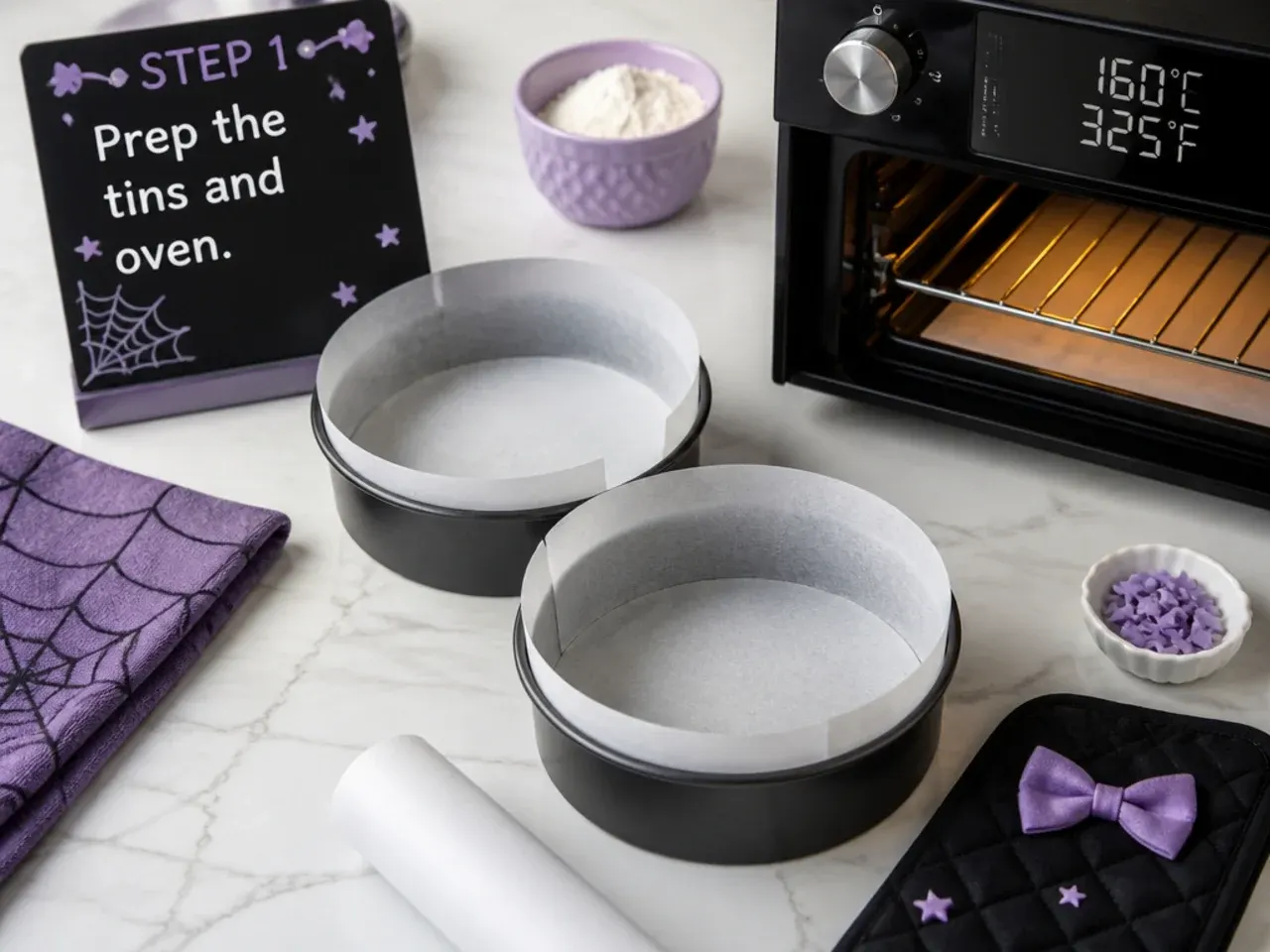 purple kuromi cake — step 1: prep the tins and oven
