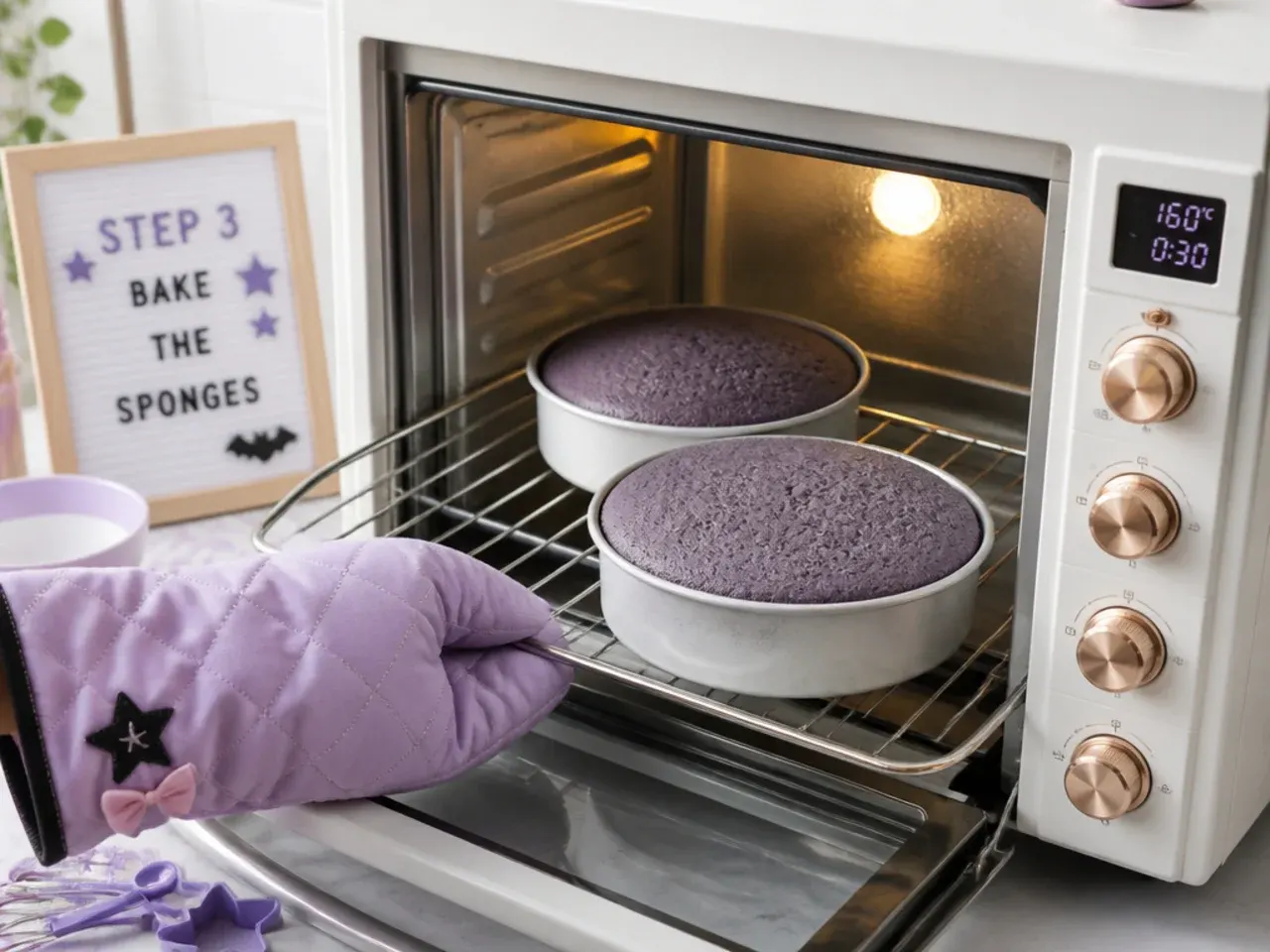 purple kuromi cake — step 3: bake the sponges