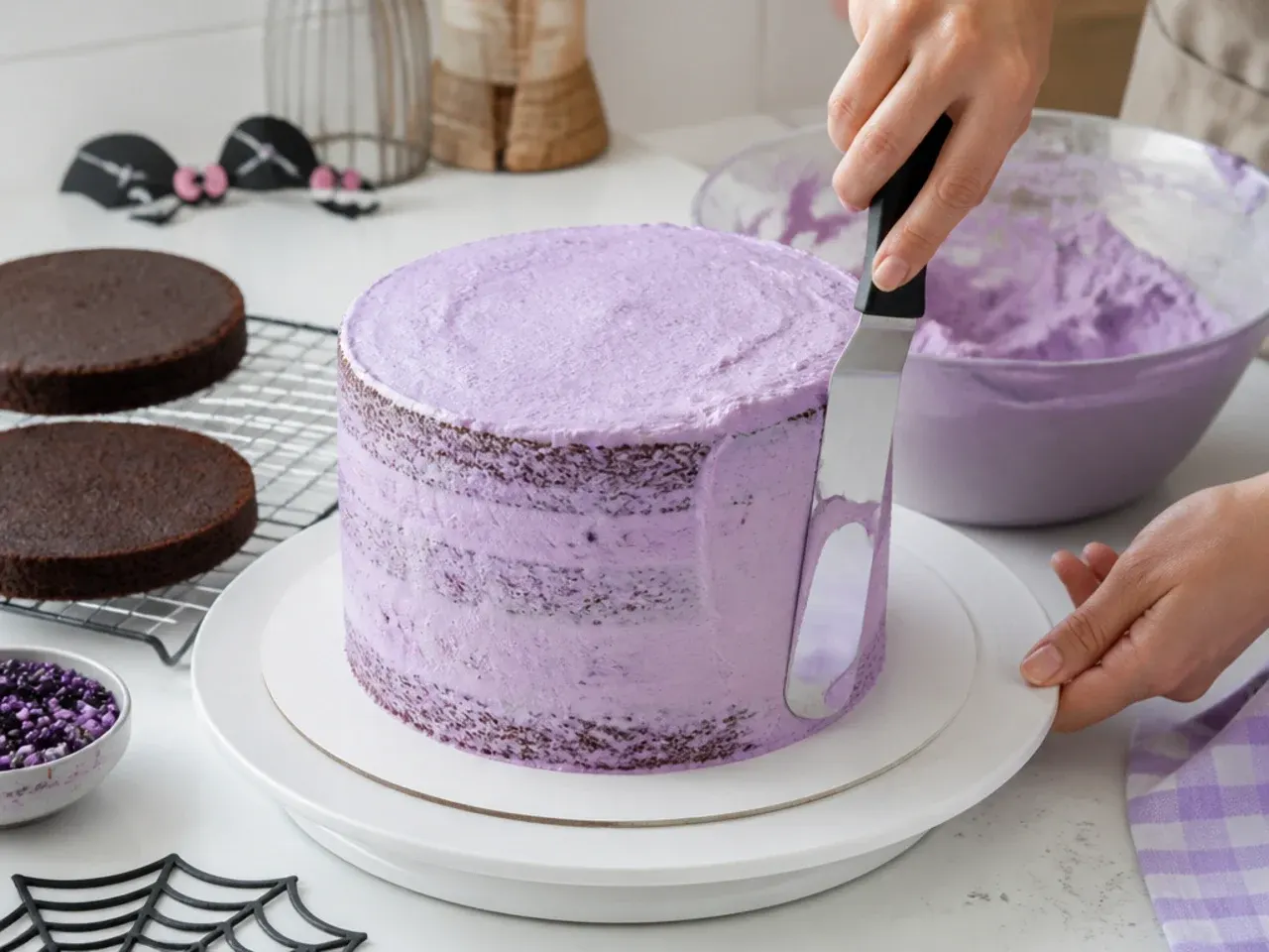 purple kuromi cake — step 5: fill and crumb coat