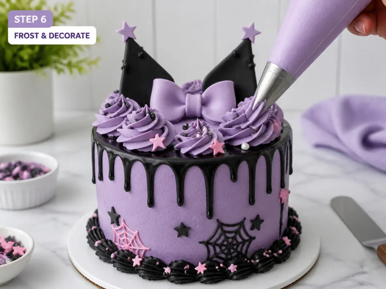 purple kuromi cake — step 6: frost and decorate