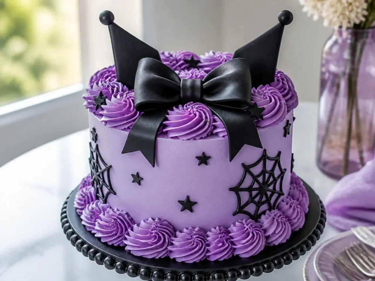 Classic purple Kuromi cake with black fondant bow and piped buttercream rosettes