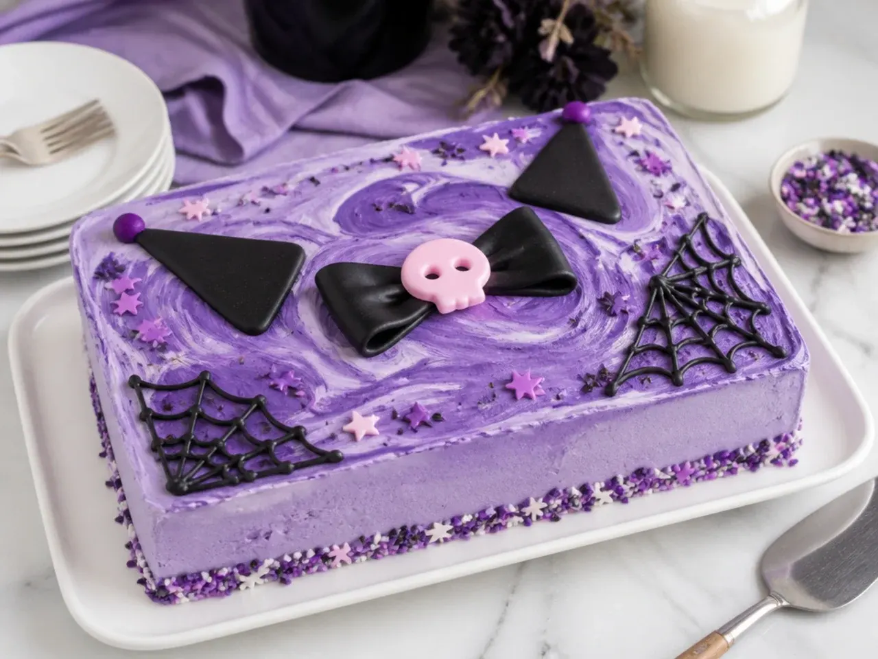 Easy purple Kuromi sheet cake with two-tone swirled frosting and sprinkles