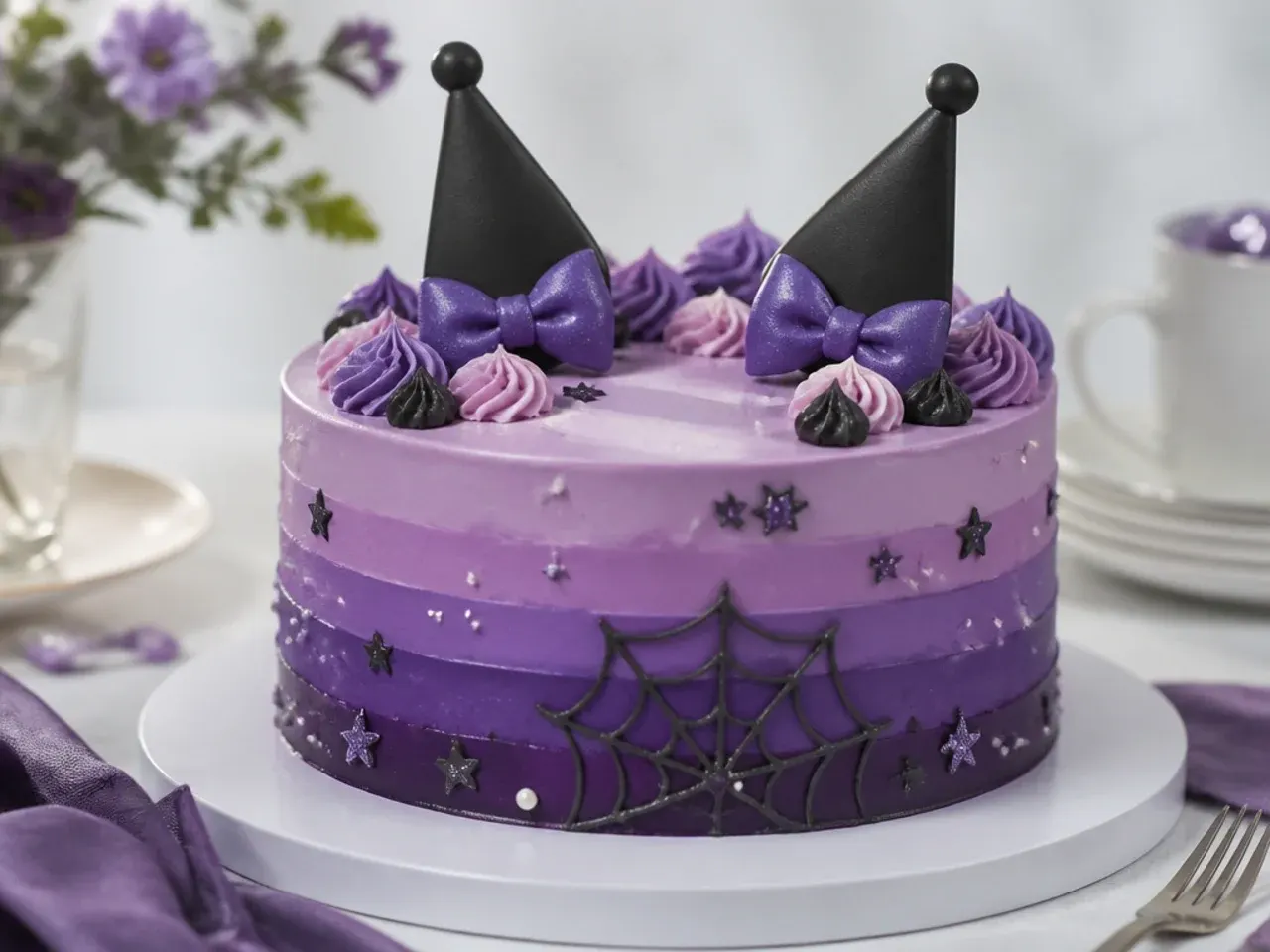 Elegant ombre purple Kuromi cake fading from lavender to deep violet