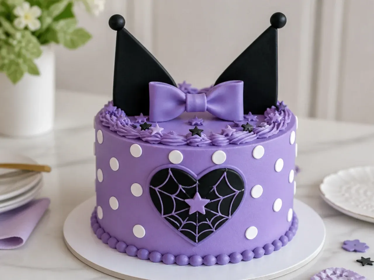 Playful purple Kuromi cake idea with white polka dots and black candy ear shapes