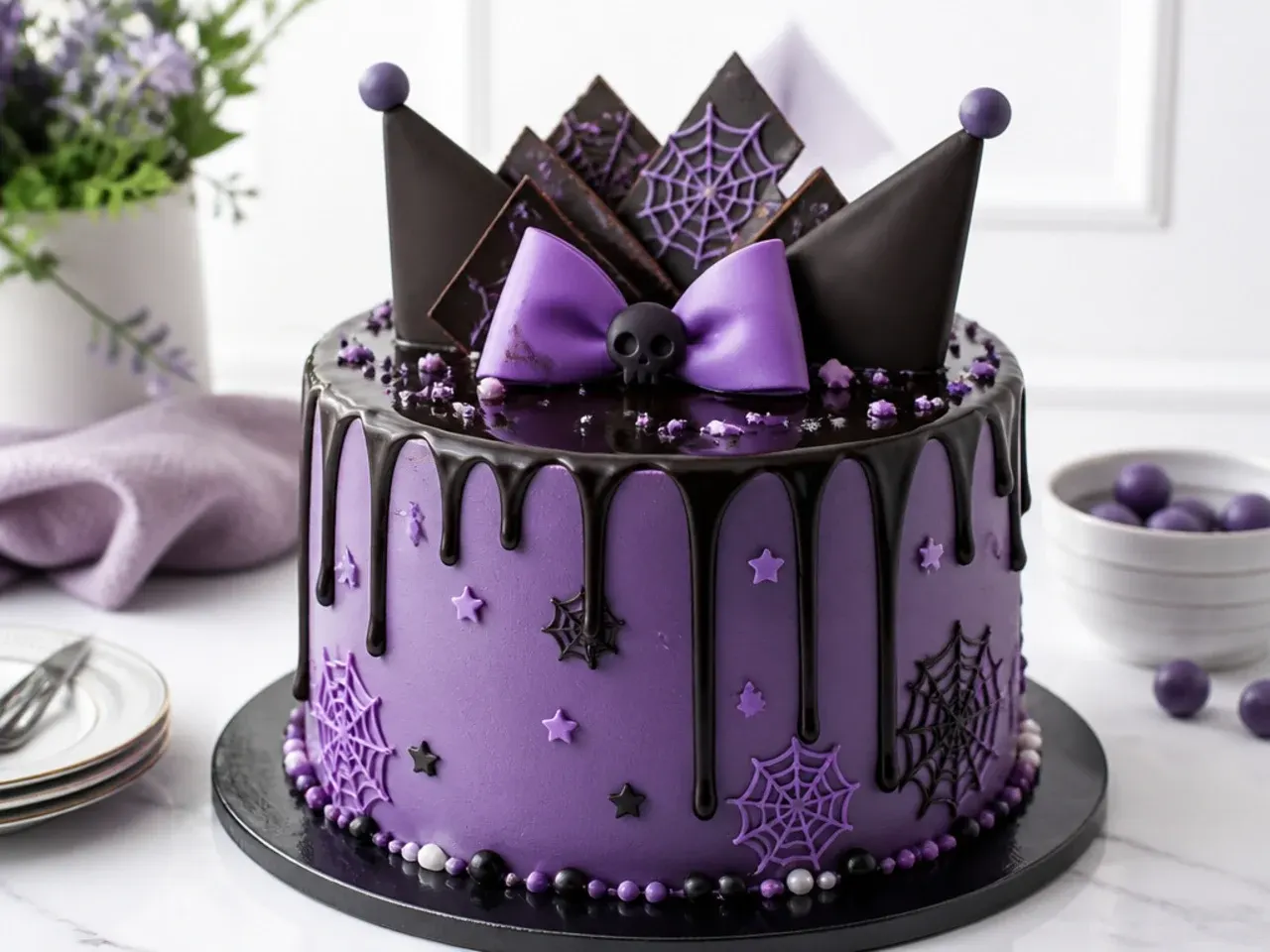 Modern purple Kuromi cake with black ganache drip and chocolate shards