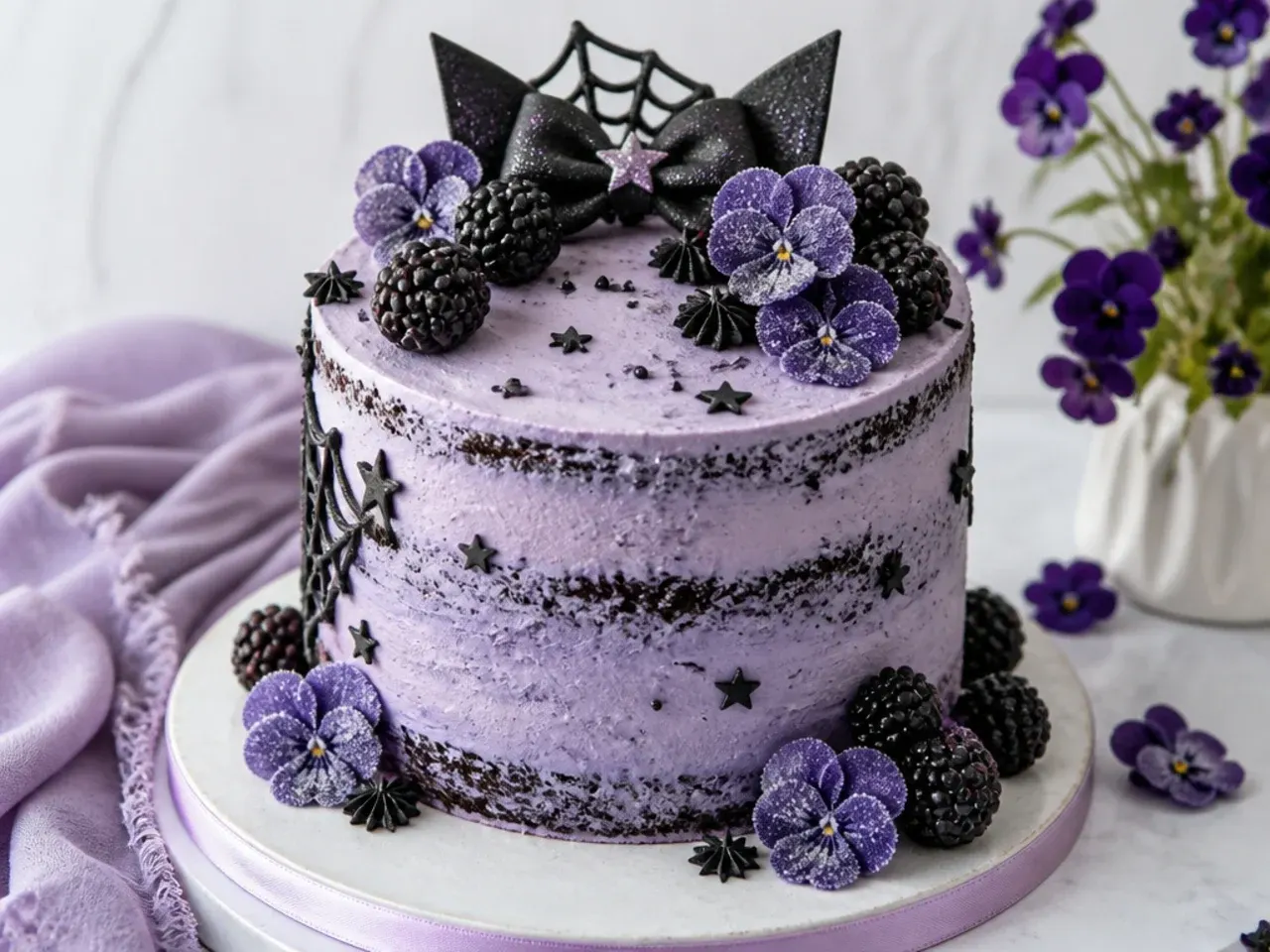 Rustic semi-naked purple Kuromi cake with fresh blackberries and sugared violets