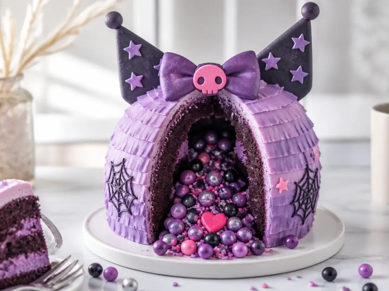Colorful purple Kuromi piñata cake sliced open with candy spilling out