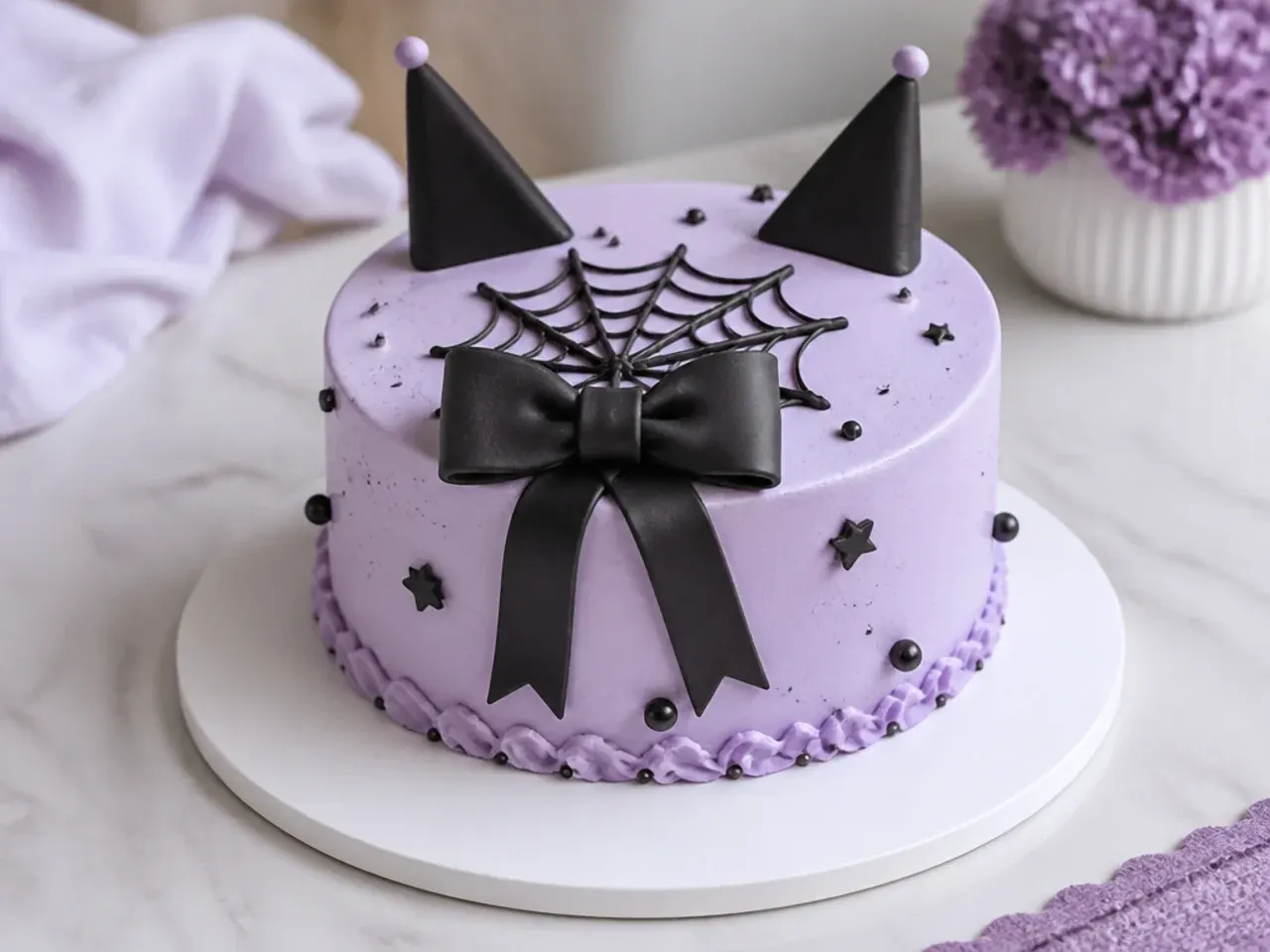 Minimal lilac purple Kuromi cake with a single large black fondant bow