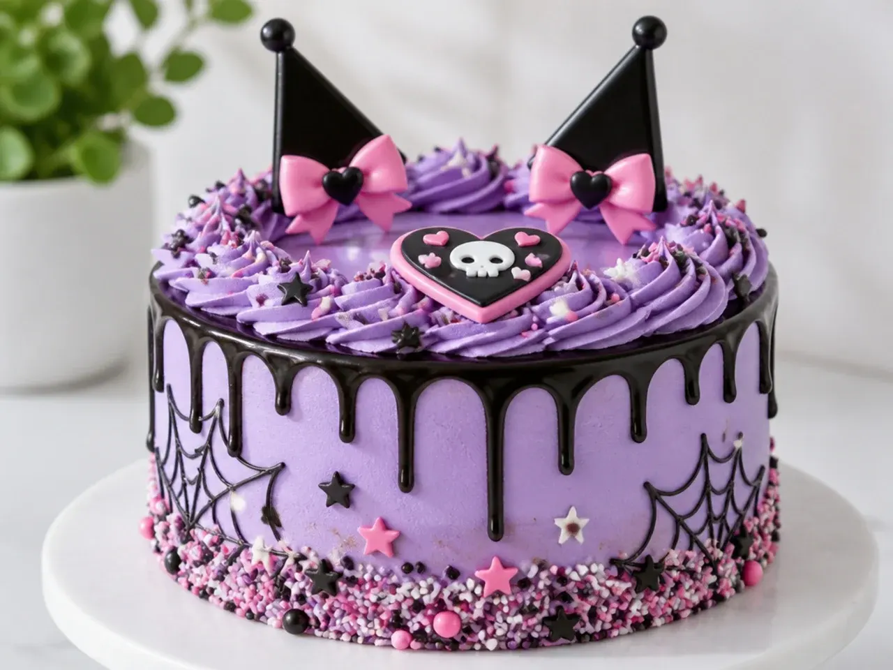 Festive purple Kuromi birthday cake covered in pink, black and white sprinkles