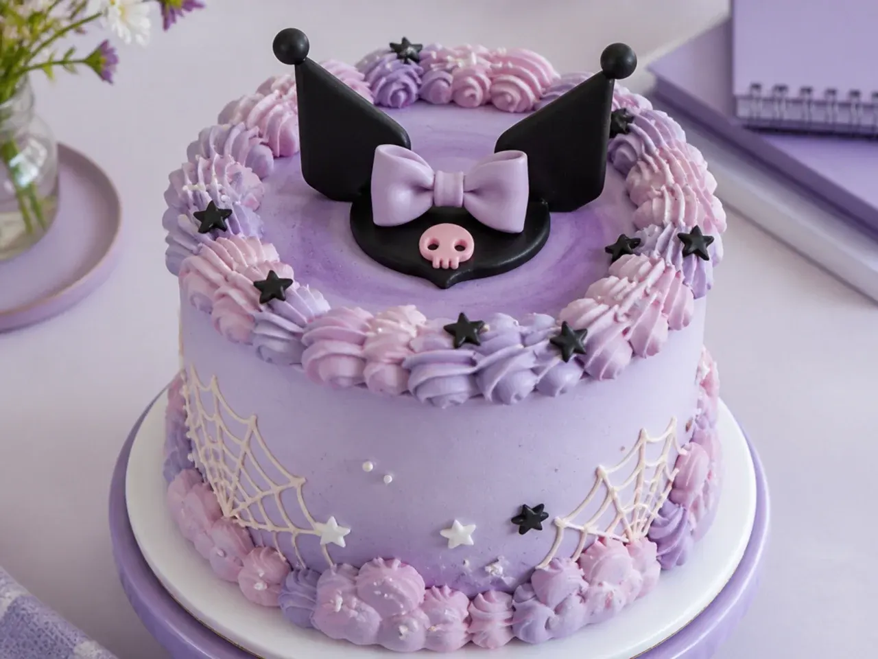 Whimsical pastel purple Kuromi cake with piped buttercream clouds and star accents