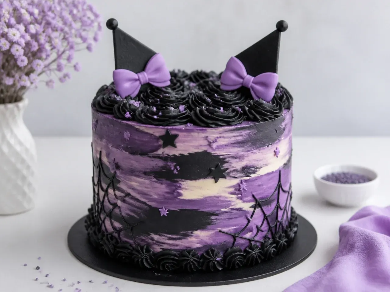 Bold black and purple Kuromi cake with marbled buttercream finish