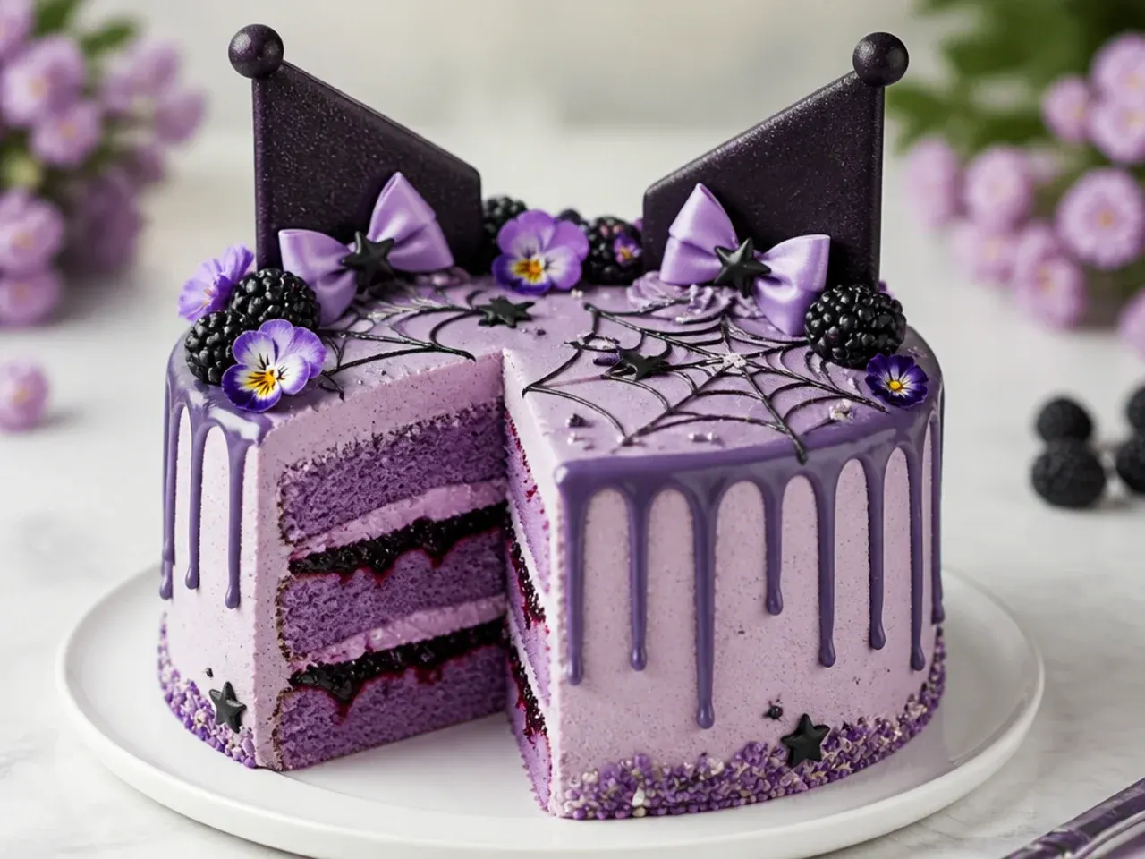 Delicate purple Kuromi cake with lavender sponge, blackberry filling and edible flowers