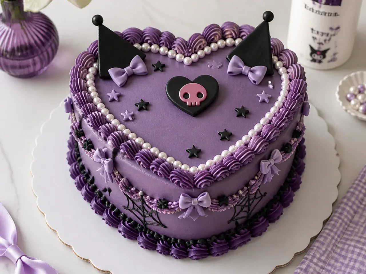 Vintage heart-shaped purple Kuromi cake with Lambeth piping and pearl borders
