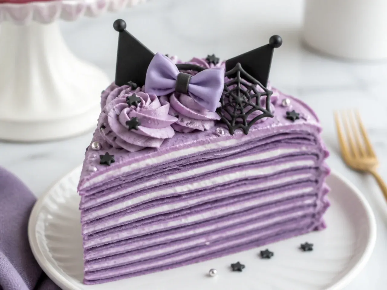 Creative purple Kuromi crepe cake with layered ube crepes and whipped cream