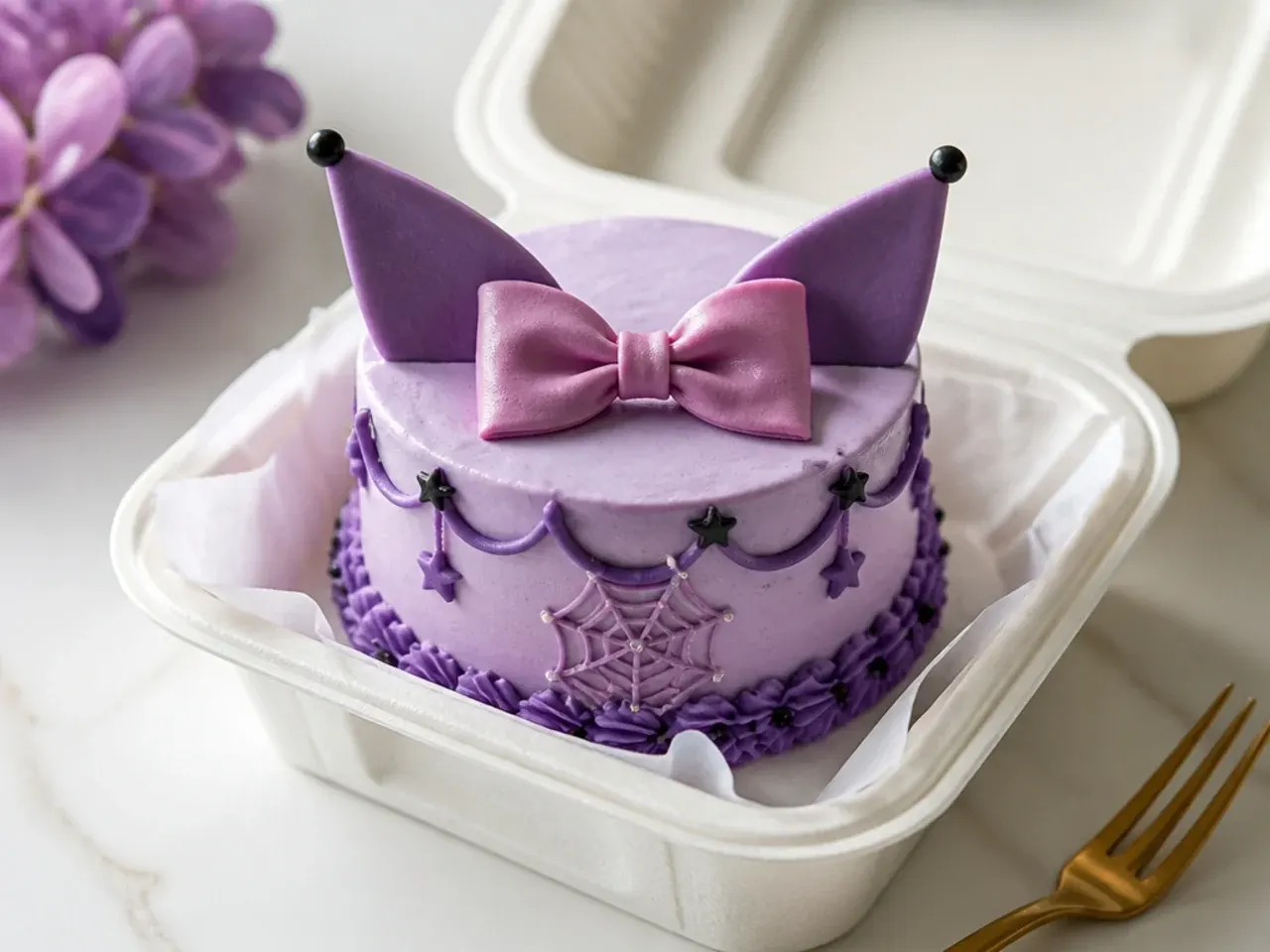 Charming mini purple Kuromi bento cakes in lilac and violet with piped bows