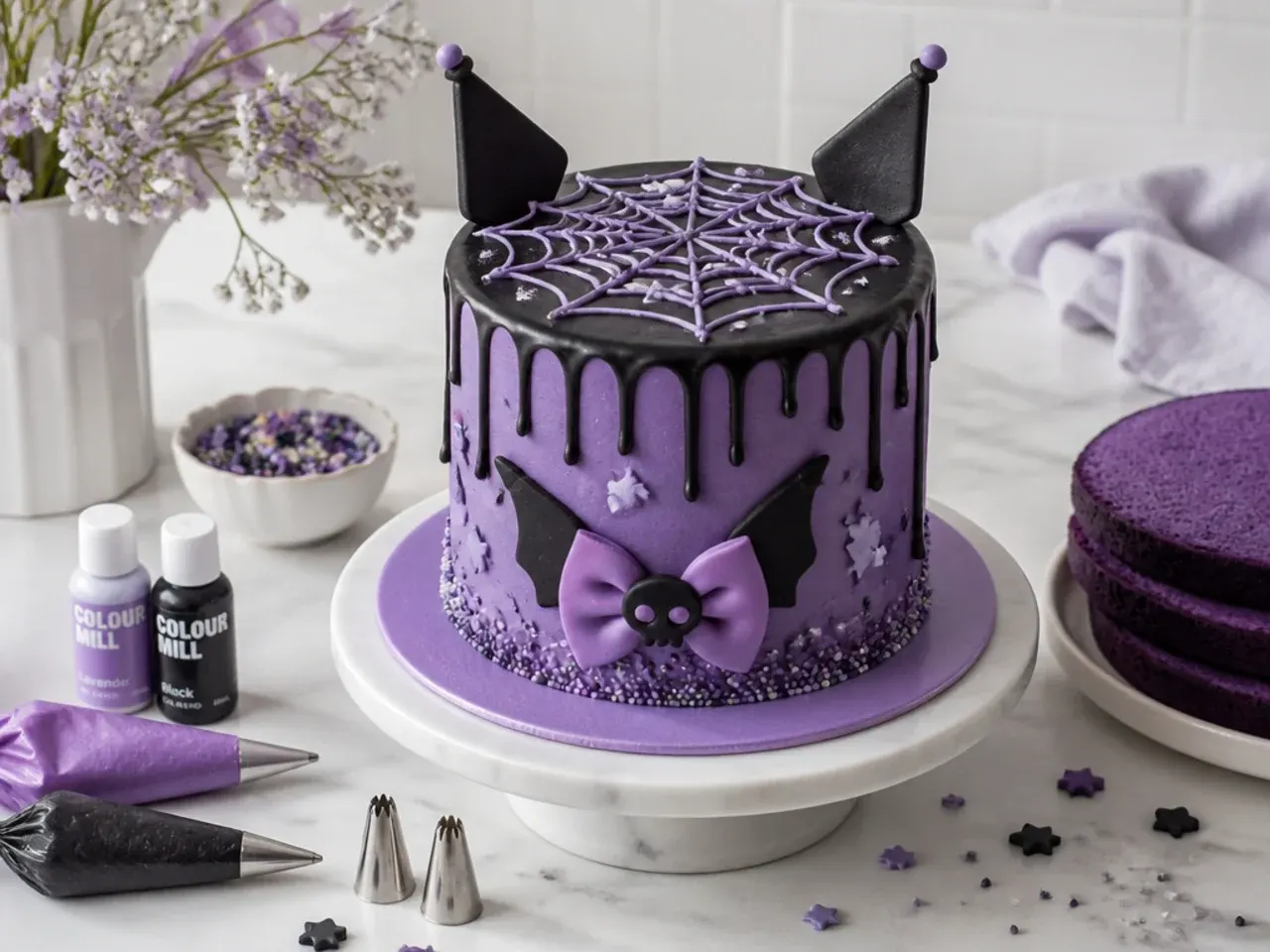Purple Kuromi cake decorating setup with gel colours, piping tips and chilled sponge layers