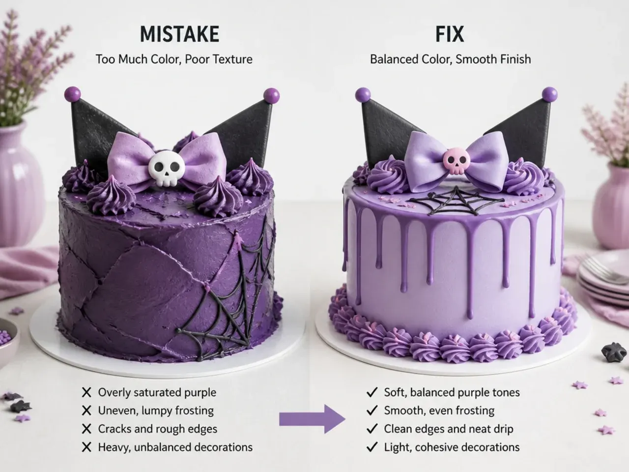 Side-by-side comparison of common purple Kuromi cake frosting mistakes and fixes