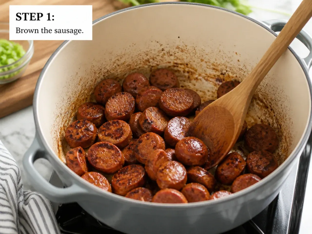 quick gumbo recipe — step 1: brown the sausage
