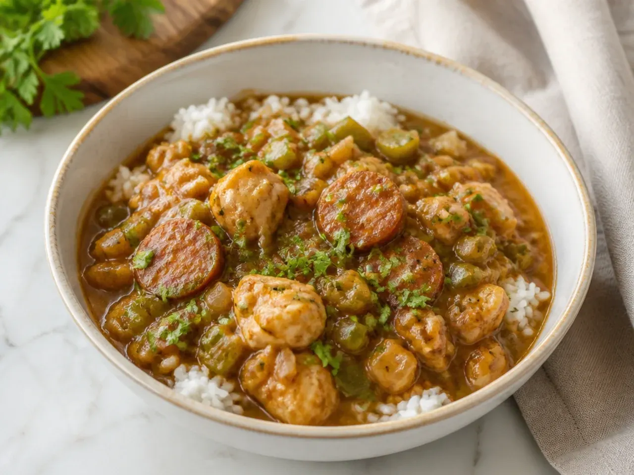 Bowl of quick gumbo recipe over white rice with sausage, chicken and parsley
