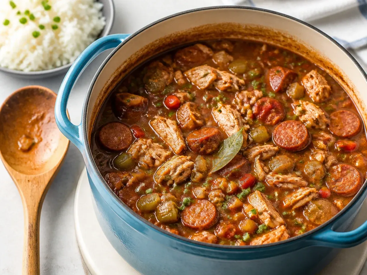 Classic chicken and andouille quick gumbo recipe simmering in a Dutch oven