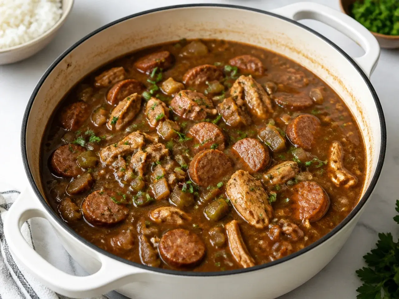 Easy quick gumbo recipe made with jarred store-bought dark roux in a pot