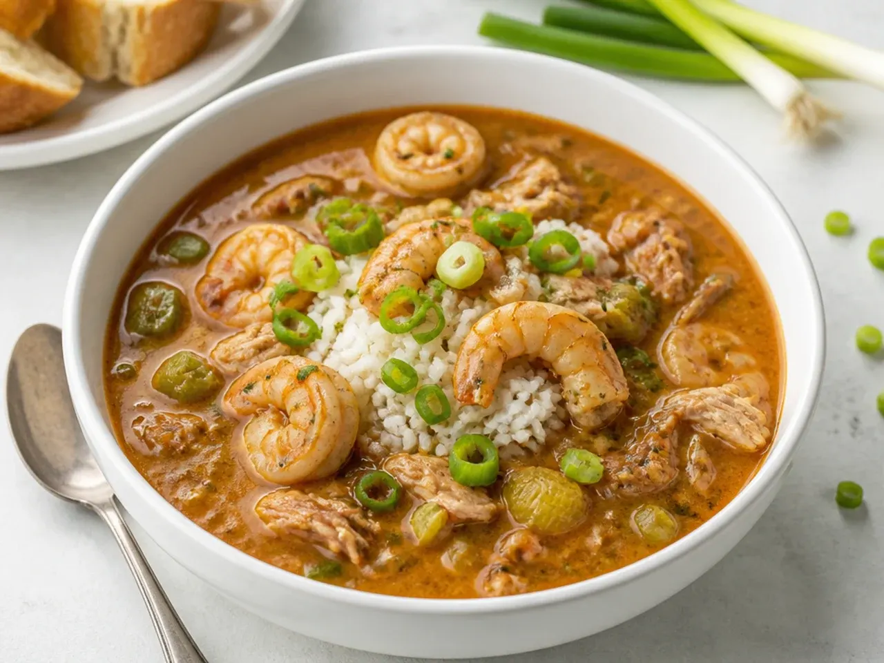 Elegant seafood quick gumbo recipe with shrimp and crab in a white bowl