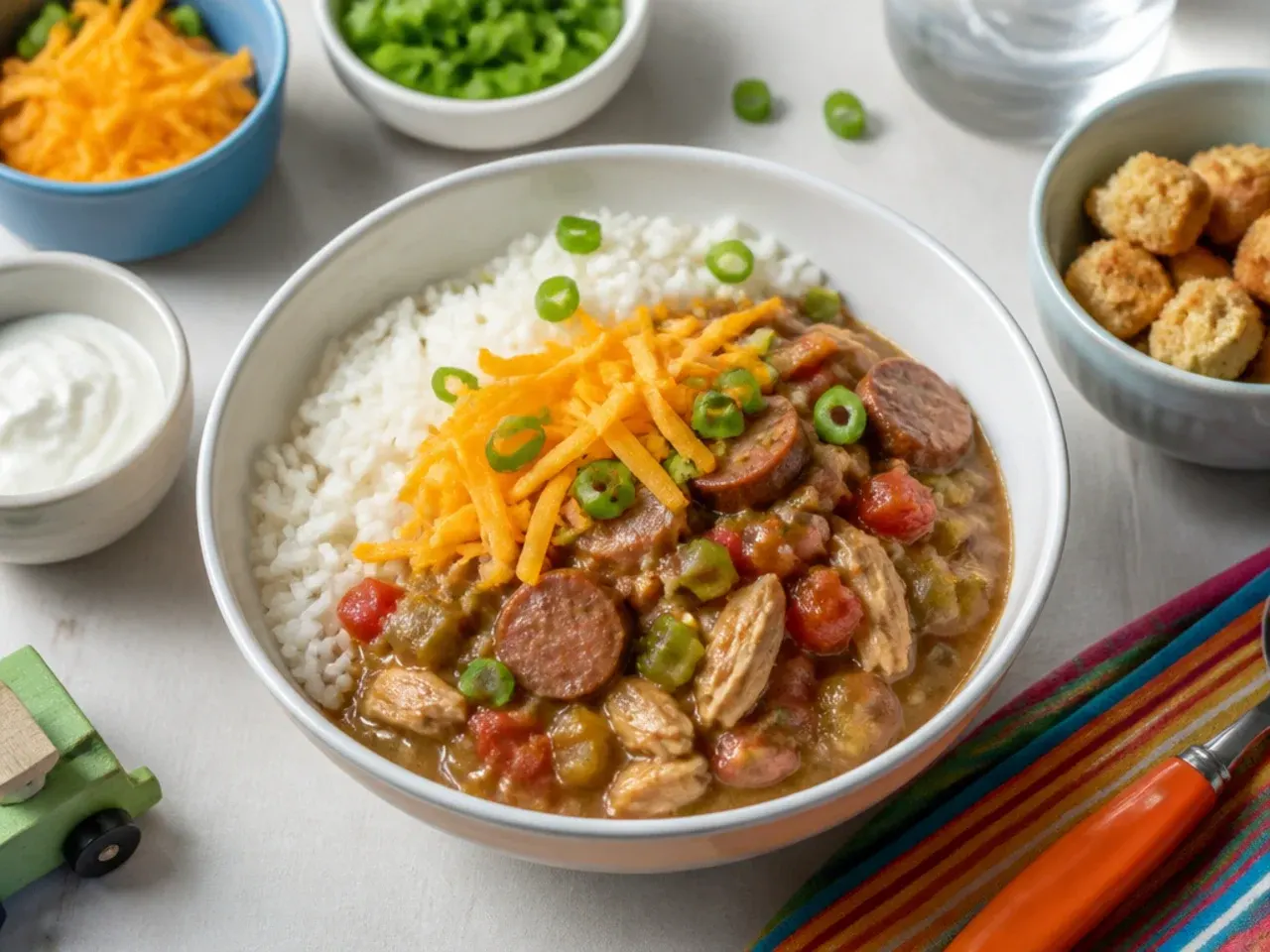 Playful quick gumbo recipe served as build-your-own rice bowls for kids