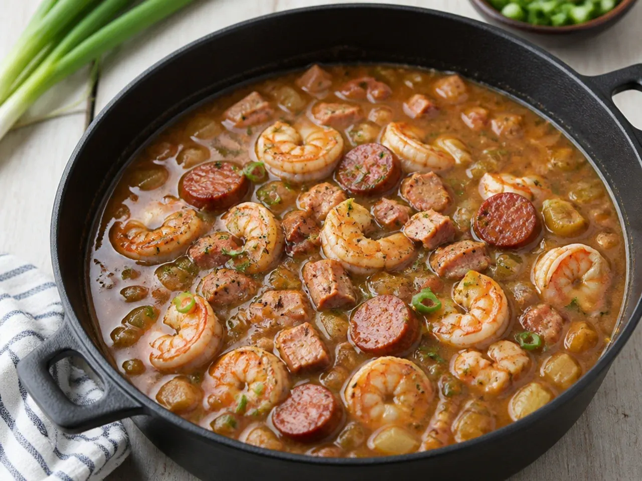 Rustic smoked sausage and ham quick gumbo recipe in a cast iron pot