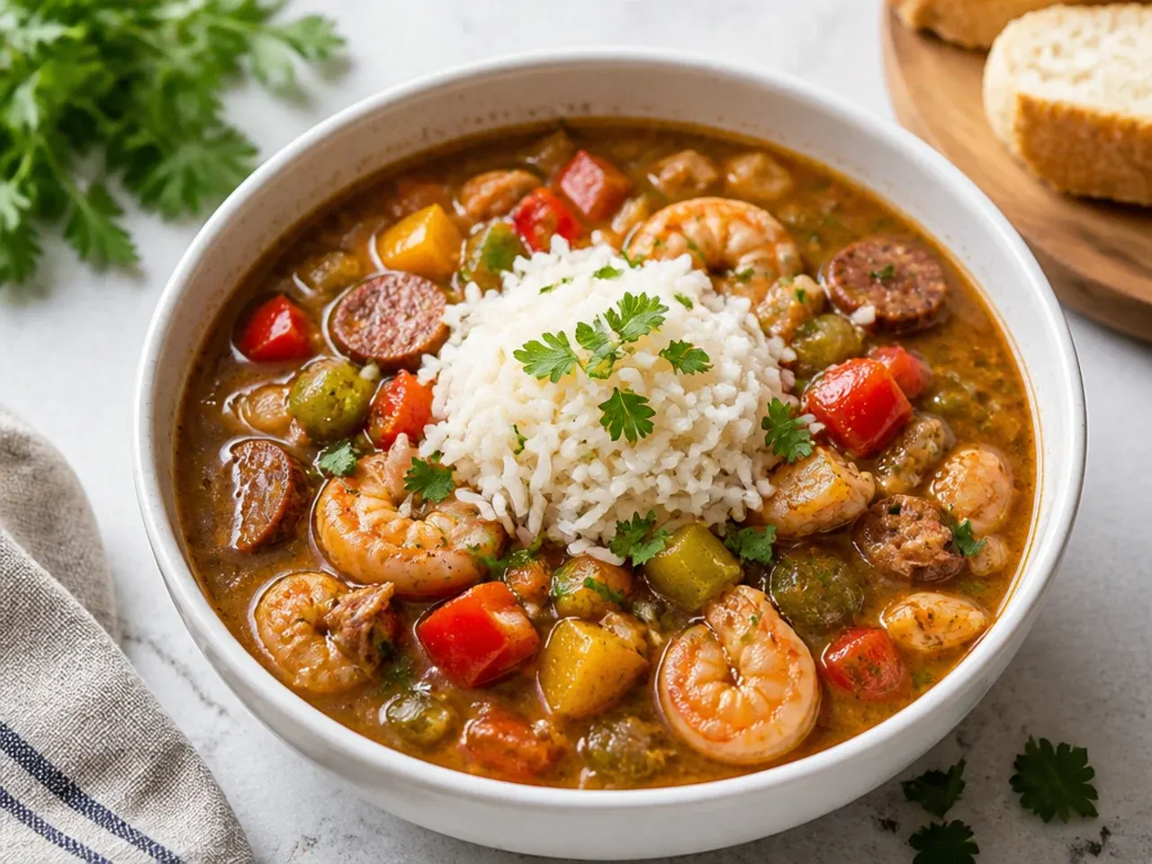 Colorful quick gumbo recipe with red, yellow and green bell peppers
