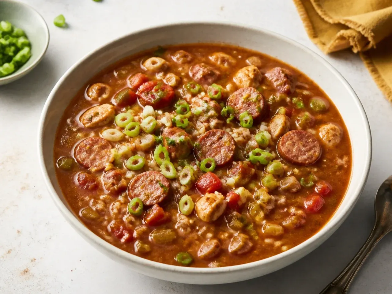 Minimal pantry quick gumbo recipe with sausage and canned tomatoes