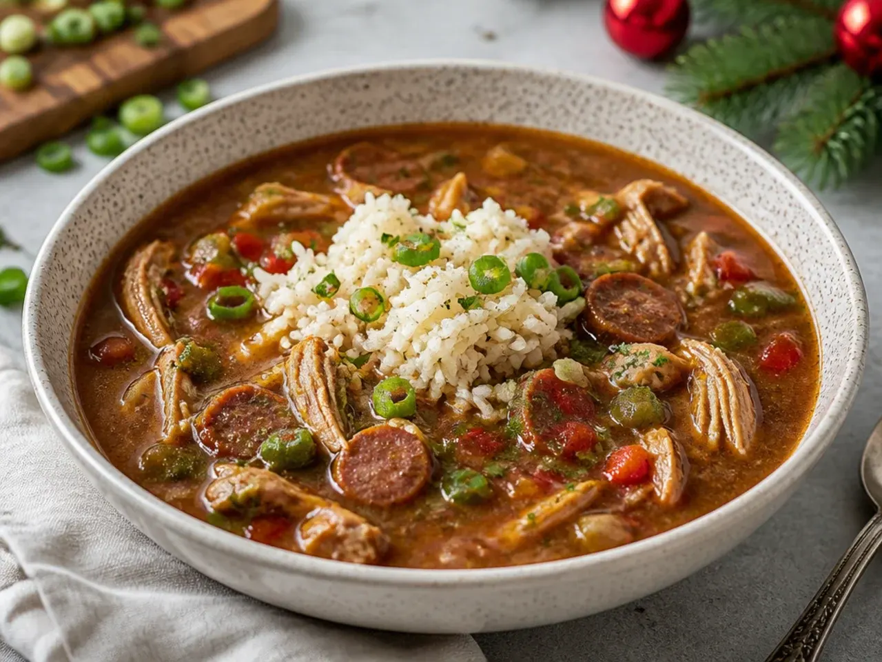 Festive holiday turkey quick gumbo recipe made with leftover roast turkey