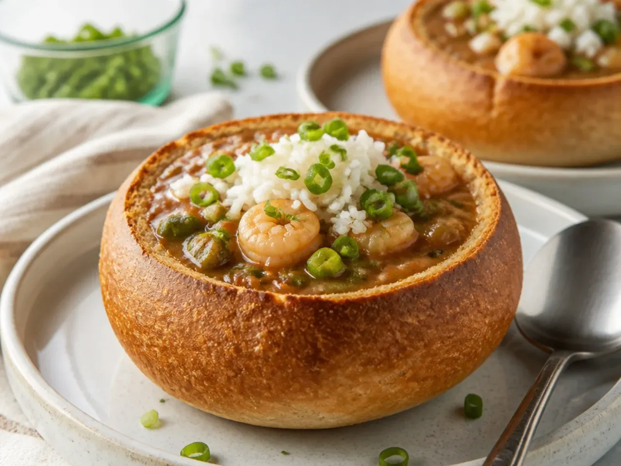 Whimsical quick gumbo recipe served inside toasted sourdough bread bowls