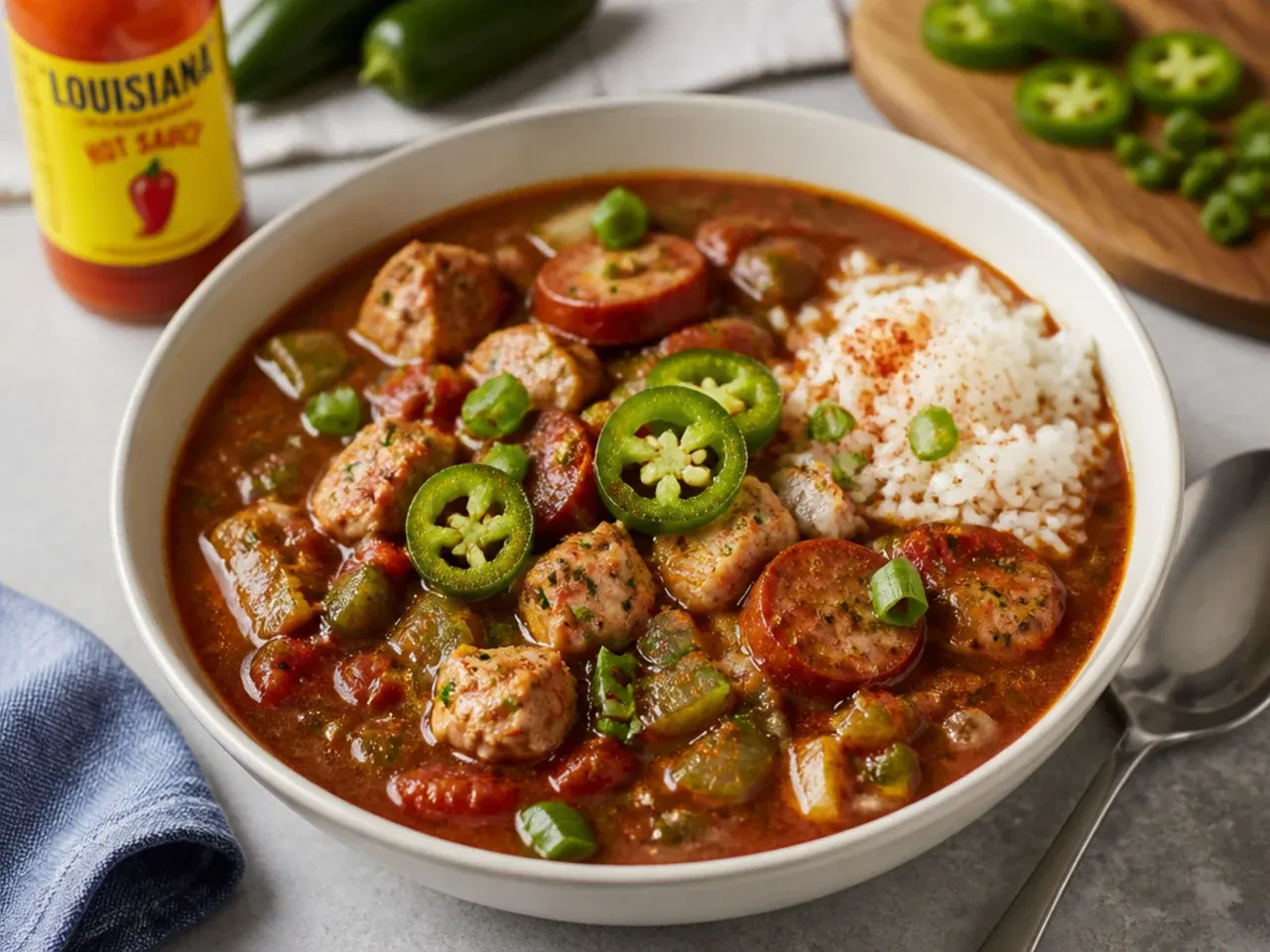 Bold extra-spicy Cajun quick gumbo recipe with jalapenos and hot sauce