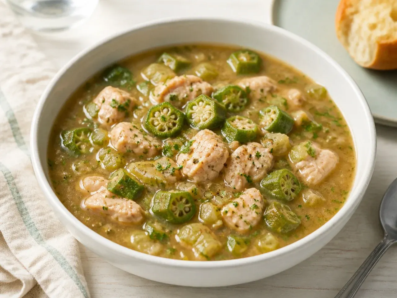 Delicate chicken and okra quick gumbo recipe in a light broth