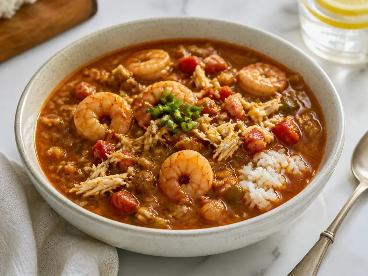 Vintage Creole quick gumbo recipe with tomatoes, shrimp and crab