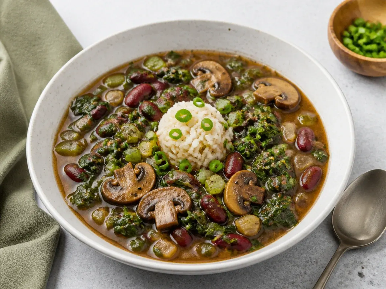 Creative vegetarian gumbo recipe with greens, mushrooms and red beans