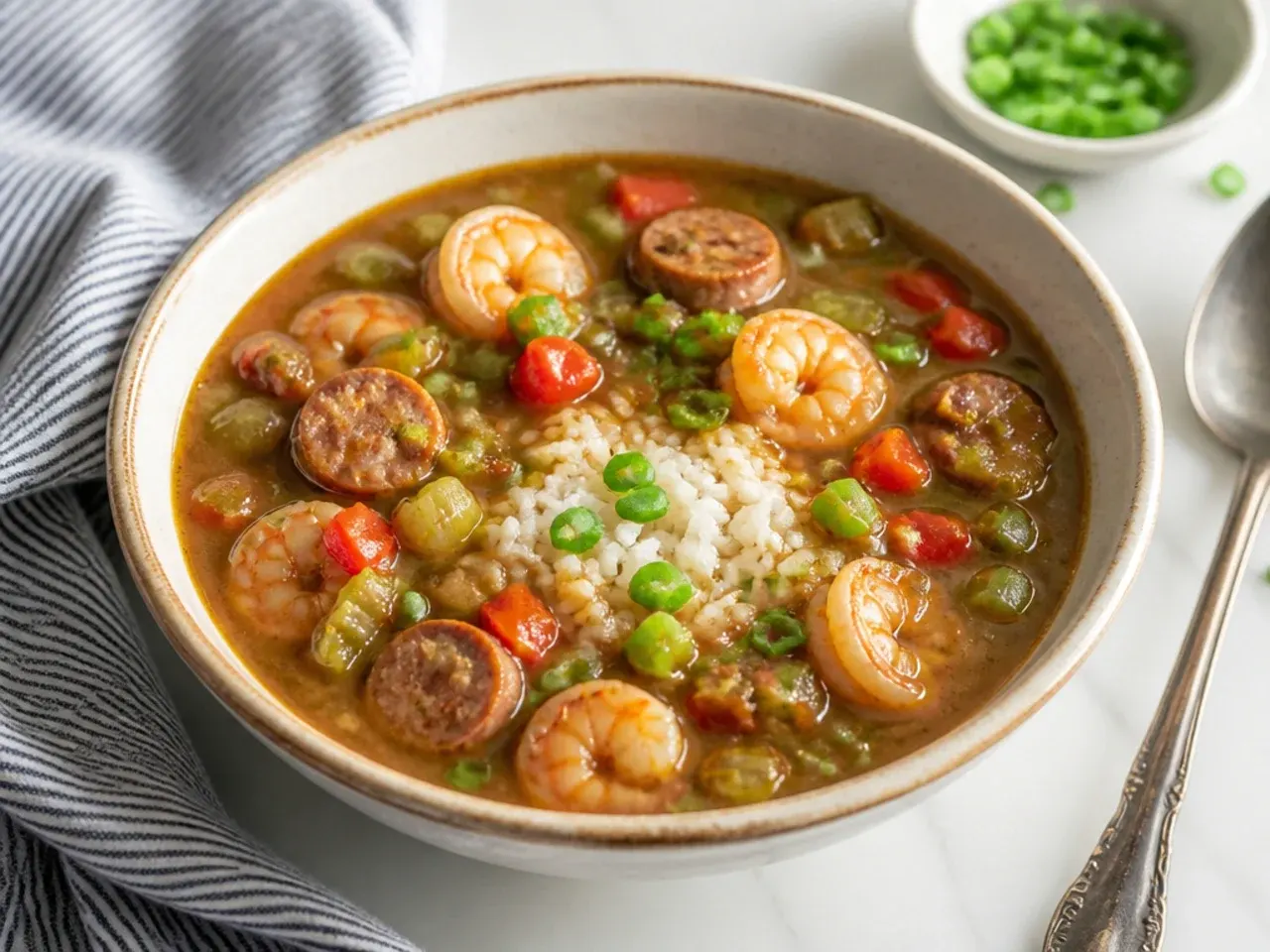Easy quick gumbo recipe made with a frozen chopped trinity vegetable blend