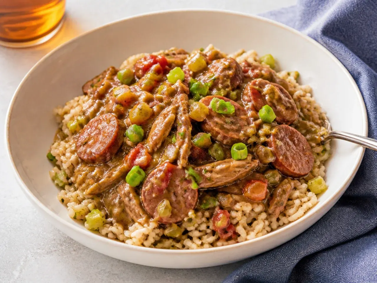 Elegant duck and andouille quick gumbo recipe over dirty rice