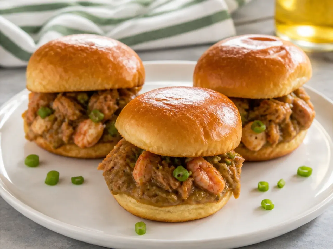 Playful quick gumbo recipe served as sliders on toasted brioche buns