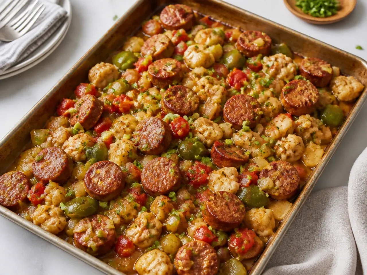 Modern sheet-pan quick gumbo recipe with roasted sausage and trinity vegetables