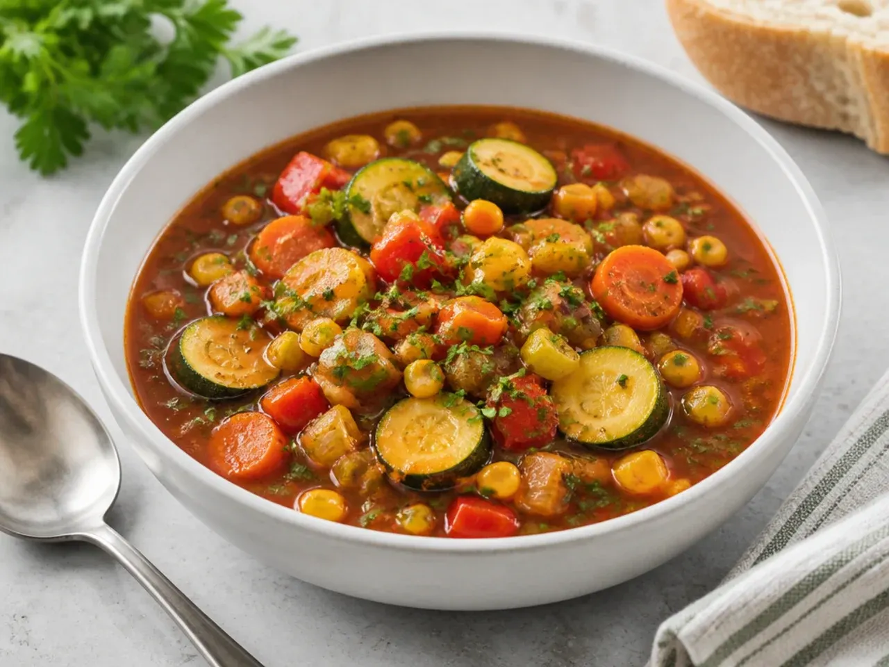 Colorful rainbow vegetable quick gumbo recipe with corn, carrots and zucchini
