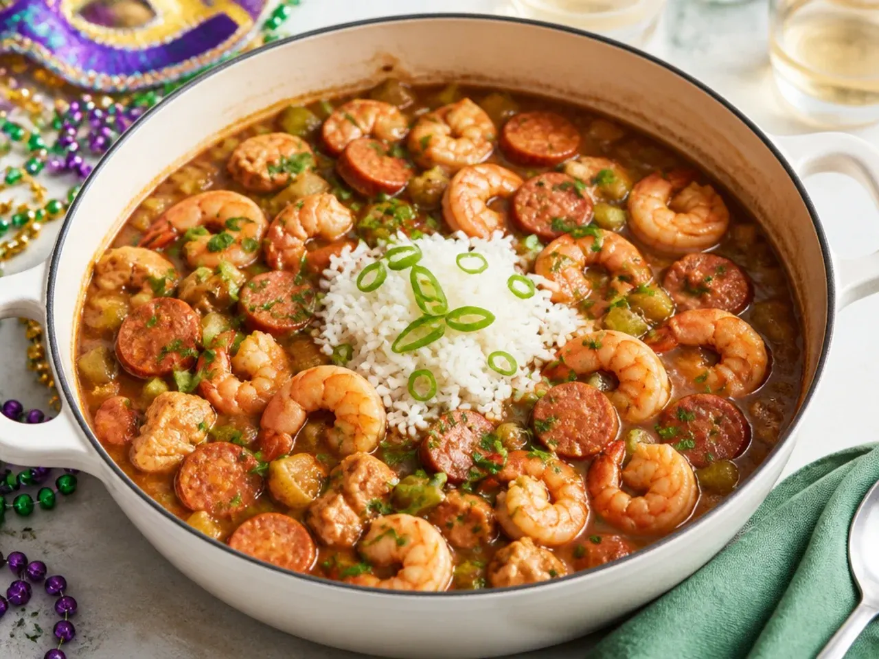 Festive Mardi Gras quick gumbo recipe feast with chicken, sausage and shrimp