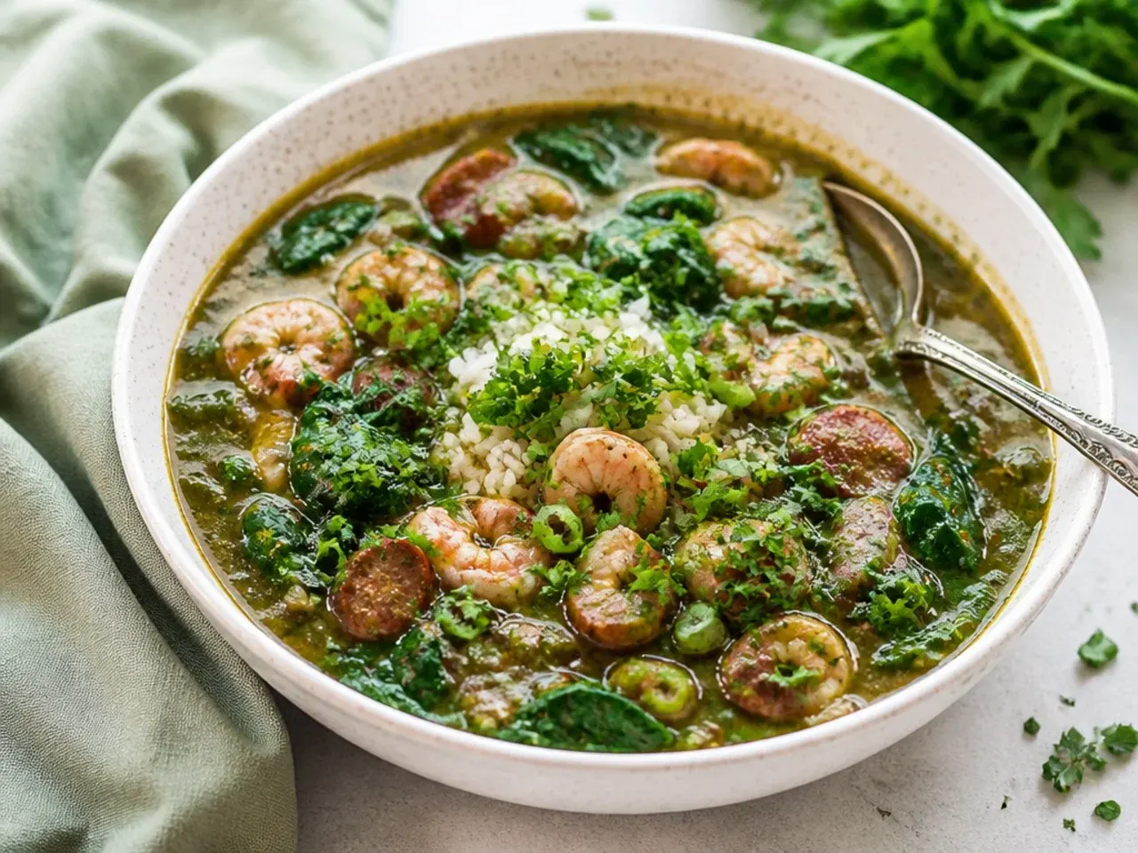 Whimsical green quick gumbo recipe brightened with fresh herbs and spinach
