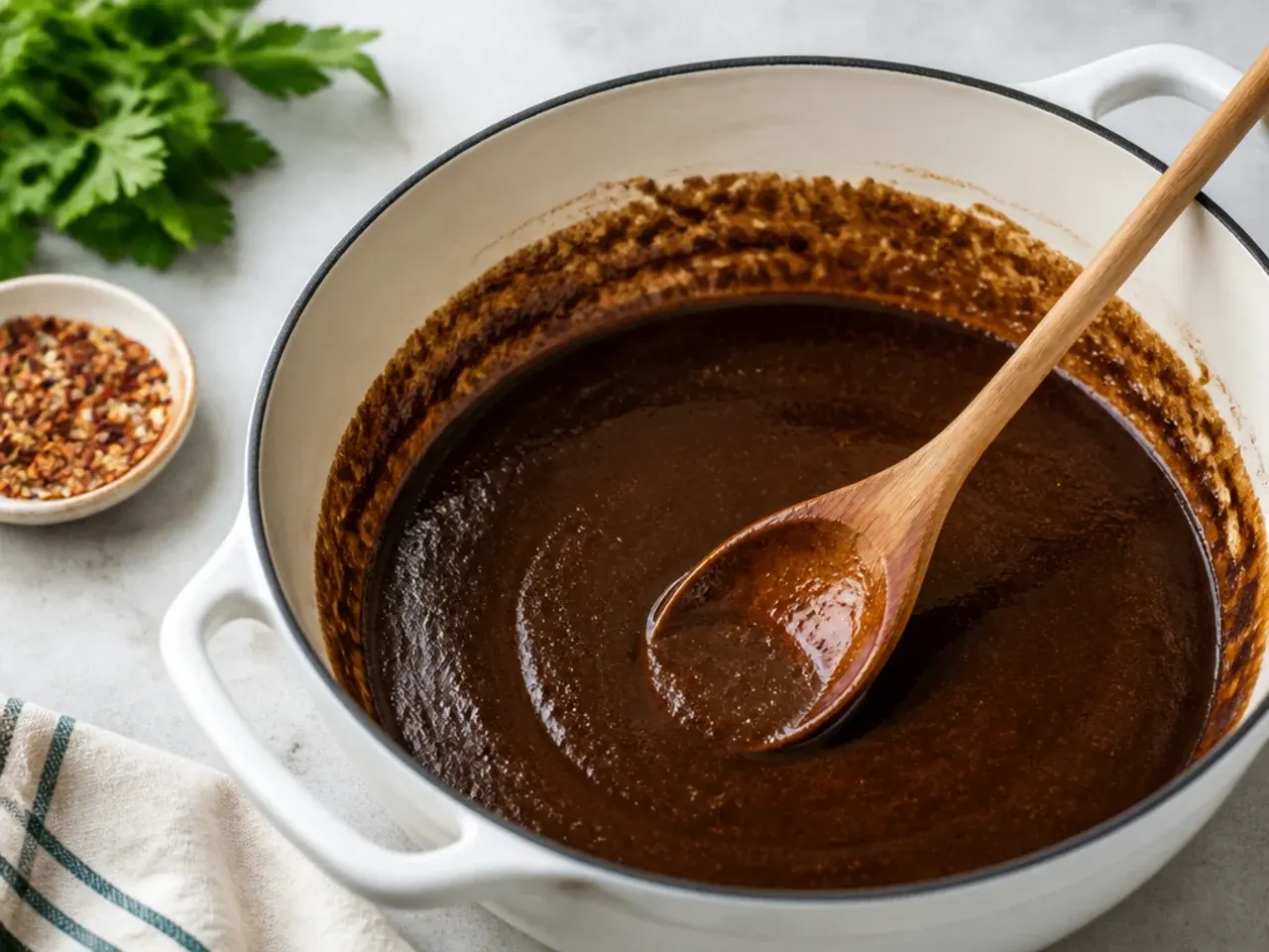 Pro tips for a quick gumbo recipe showing a dark roux at the perfect color