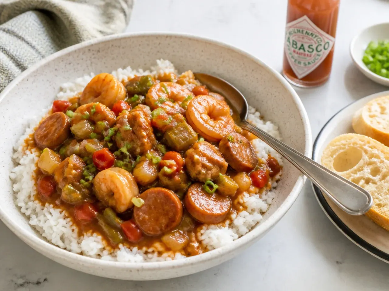Quick gumbo recipe served over rice with French bread and hot sauce