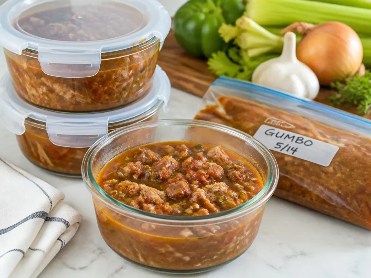 Storing quick gumbo recipe in airtight containers for the fridge and freezer