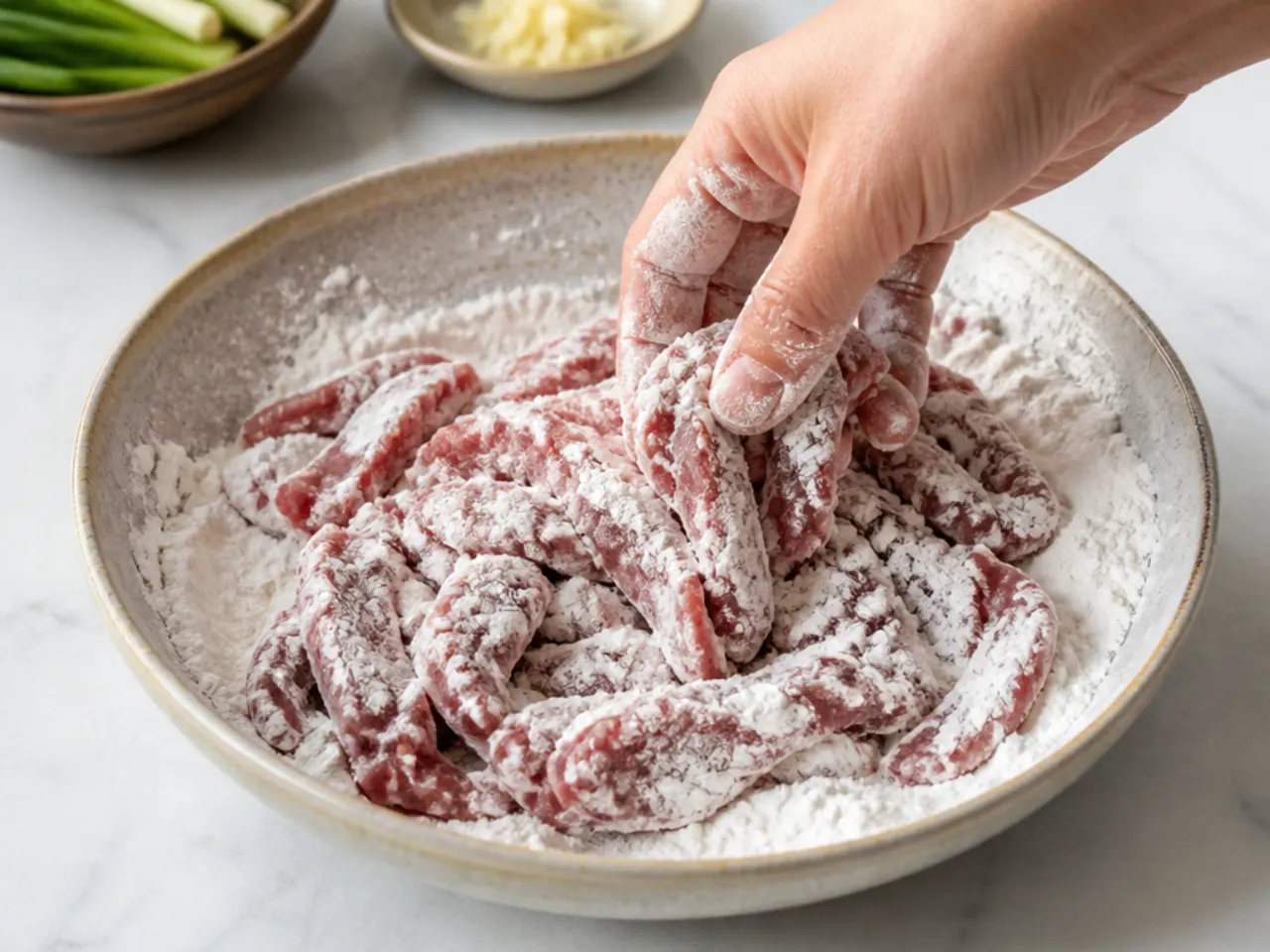 quick mongolian beef — step 2: coat with cornflour