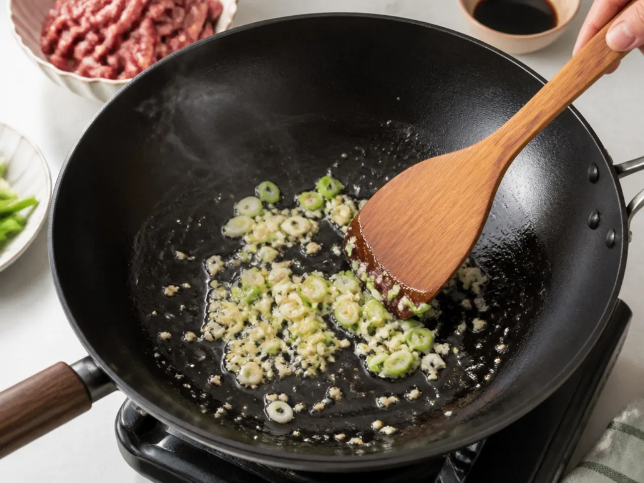 quick mongolian beef — step 5: cook the aromatics